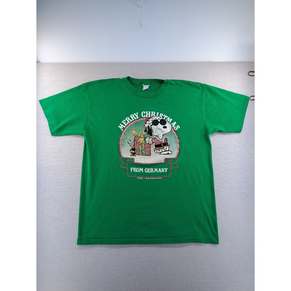 Vintage 1971 Peanuts "Merry Christmas From Germany" Snoopy T Shirt Mens XL Green